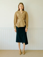 Women's Linen Midi Dress with Asymmetric Hem – Tailored Fit with V-Neck and Long Sleeves