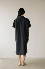 Button-Down Short Sleeve Midi Linen Dress with Side Slits and Relaxed Fit for Women