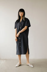 Button-Down Short Sleeve Midi Linen Dress with Side Slits and Relaxed Fit for Women