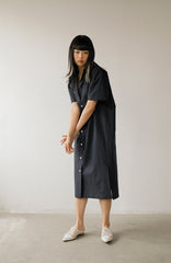 Button-Down Short Sleeve Midi Linen Dress with Side Slits and Relaxed Fit for Women