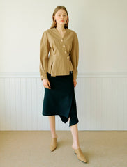 Women's Linen Midi Dress with Asymmetric Hem – Tailored Fit with V-Neck and Long Sleeves