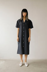 Button-Down Short Sleeve Midi Linen Dress with Side Slits and Relaxed Fit for Women