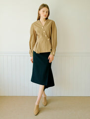 Women's Linen Midi Dress with Asymmetric Hem – Tailored Fit with V-Neck and Long Sleeves