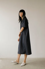 Button-Down Short Sleeve Midi Linen Dress with Side Slits and Relaxed Fit for Women