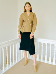 Women's Linen Midi Dress with Asymmetric Hem – Tailored Fit with V-Neck and Long Sleeves