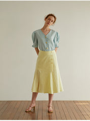 High-Waisted A-Line Midi Skirt in Breathable Pure Linen with Front Pleat and Button Detail