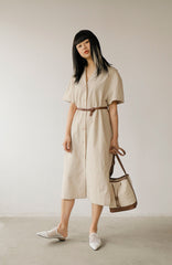 Relaxed Fit Midi Linen Shirt Dress with Short Sleeves and Button-Front Detail for Women
