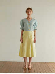 High-Waisted A-Line Midi Skirt in Breathable Pure Linen with Front Pleat and Button Detail