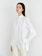 Button-Front Ruffled High-Neck Linen Blouse with Long Sleeves for Women