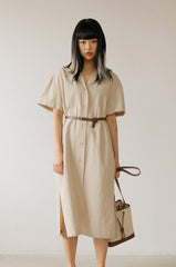 Relaxed Fit Midi Linen Shirt Dress with Short Sleeves and Button-Front Detail for Women