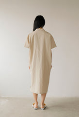 Relaxed Fit Midi Linen Shirt Dress with Short Sleeves and Button-Front Detail for Women