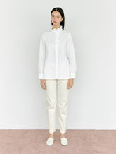 Button-Front Ruffled High-Neck Linen Blouse with Long Sleeves for Women