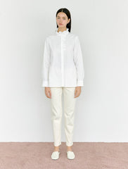 Button-Front Ruffled High-Neck Linen Blouse with Long Sleeves for Women
