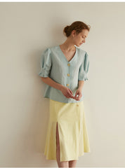 High-Waisted A-Line Midi Skirt in Breathable Pure Linen with Front Pleat and Button Detail