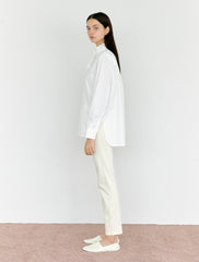 Button-Front Ruffled High-Neck Linen Blouse with Long Sleeves for Women