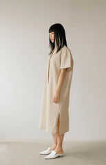 Relaxed Fit Midi Linen Shirt Dress with Short Sleeves and Button-Front Detail for Women