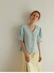 High-Waisted A-Line Midi Skirt in Breathable Pure Linen with Front Pleat and Button Detail