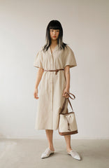 Relaxed Fit Midi Linen Shirt Dress with Short Sleeves and Button-Front Detail for Women