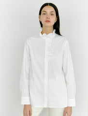 Button-Front Ruffled High-Neck Linen Blouse with Long Sleeves for Women