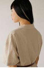 Relaxed Fit Midi Linen Shirt Dress with Short Sleeves and Button-Front Detail for Women