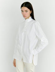 Button-Front Ruffled High-Neck Linen Blouse with Long Sleeves for Women