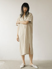 Relaxed Fit Midi Linen Shirt Dress with Short Sleeves and Button-Front Detail for Women
