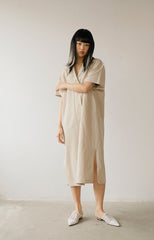 Relaxed Fit Midi Linen Shirt Dress with Short Sleeves and Button-Front Detail for Women
