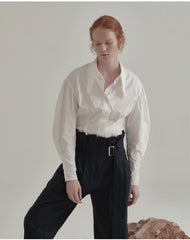 Tailored Linen Shirt With Oversized Collar And Voluminous Sleeves For Elegant Everyday Wear