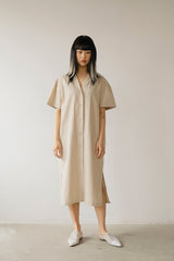 Relaxed Fit Midi Linen Shirt Dress with Short Sleeves and Button-Front Detail for Women