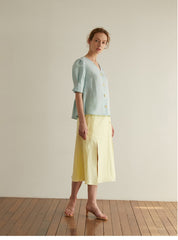 High-Waisted A-Line Midi Skirt in Breathable Pure Linen with Front Pleat and Button Detail