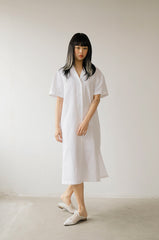 Minimalist White Linen Shirt Dress with Short Sleeves and Button-Down Front for Women