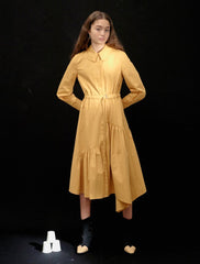 Asymmetrical Belted Linen Shirt Dress with Gathered Detailing and Long Sleeves