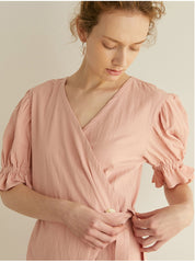 Elegant Wrap Midi Dress In Breathable Linen Fabric With Puff Sleeves And Belted Waist