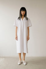 Minimalist White Linen Shirt Dress with Short Sleeves and Button-Down Front for Women