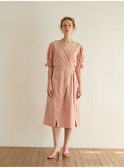 Elegant Wrap Midi Dress In Breathable Linen Fabric With Puff Sleeves And Belted Waist