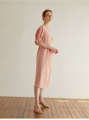 Elegant Wrap Midi Dress In Breathable Linen Fabric With Puff Sleeves And Belted Waist
