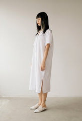 Minimalist White Linen Shirt Dress with Short Sleeves and Button-Down Front for Women