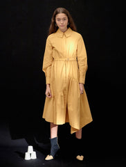 Asymmetrical Belted Linen Shirt Dress with Gathered Detailing and Long Sleeves