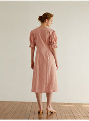 Elegant Wrap Midi Dress In Breathable Linen Fabric With Puff Sleeves And Belted Waist