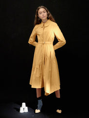 Asymmetrical Belted Linen Shirt Dress with Gathered Detailing and Long Sleeves