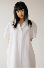 Minimalist White Linen Shirt Dress with Short Sleeves and Button-Down Front for Women