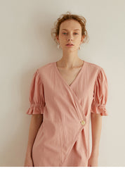 Elegant Wrap Midi Dress In Breathable Linen Fabric With Puff Sleeves And Belted Waist