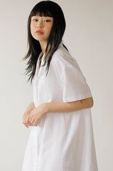 Minimalist White Linen Shirt Dress with Short Sleeves and Button-Down Front for Women