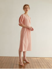 Elegant Wrap Midi Dress In Breathable Linen Fabric With Puff Sleeves And Belted Waist