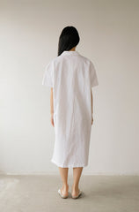 Minimalist White Linen Shirt Dress with Short Sleeves and Button-Down Front for Women