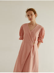 Elegant Wrap Midi Dress In Breathable Linen Fabric With Puff Sleeves And Belted Waist