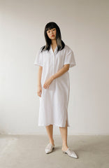 Minimalist White Linen Shirt Dress with Short Sleeves and Button-Down Front for Women