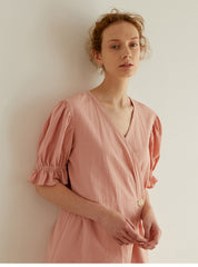 Elegant Wrap Midi Dress In Breathable Linen Fabric With Puff Sleeves And Belted Waist