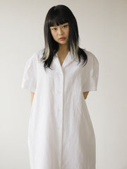 Minimalist White Linen Shirt Dress with Short Sleeves and Button-Down Front for Women