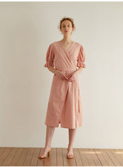 Elegant Wrap Midi Dress In Breathable Linen Fabric With Puff Sleeves And Belted Waist